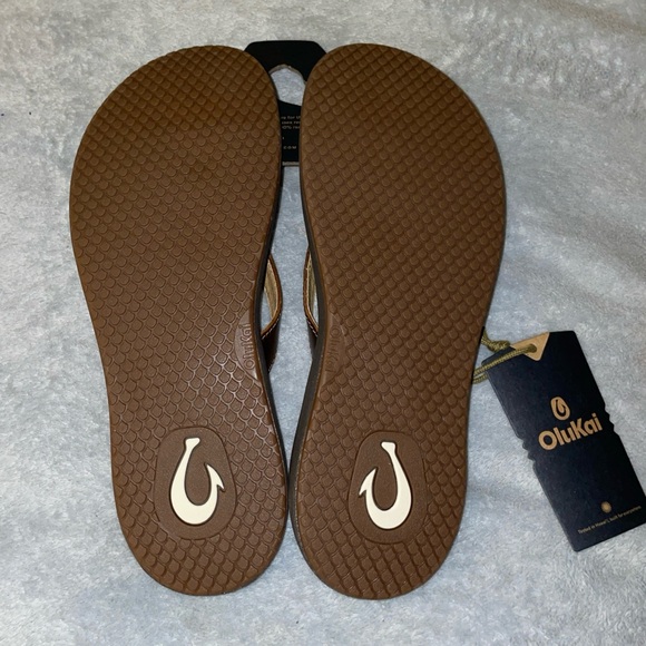 OluKai Paniolo Sandals Women 8 Brown Leather Flip Flops with Embroidered Design - Picture 7 of 10